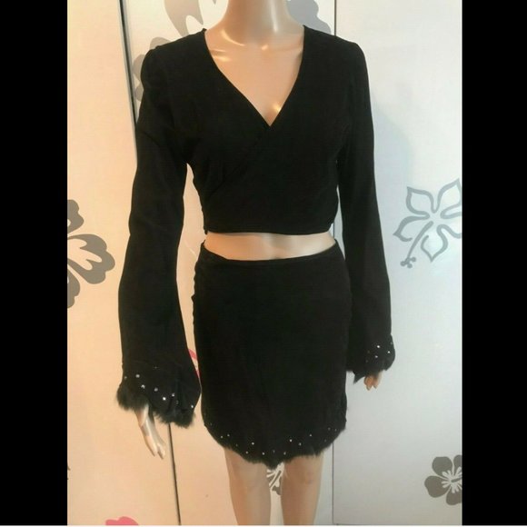 Nurielle 2-PIECE black suede Wrap Top & skirt set outfit Leather Fur Crystals S